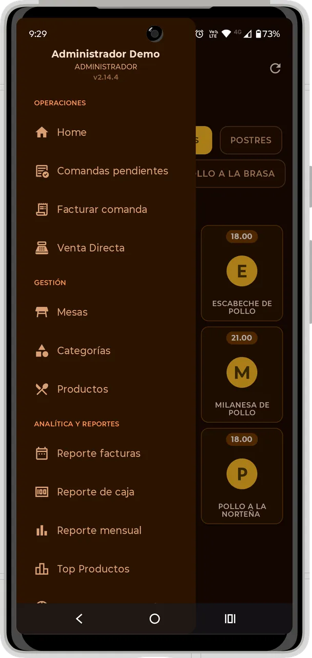 Pantalla principal de Rest Comanda con el menú de operaciones
